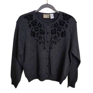 Liz Claiborne Gray Floral Embroidered Beaded Wool Blend Cardigan Sweater Size Mp